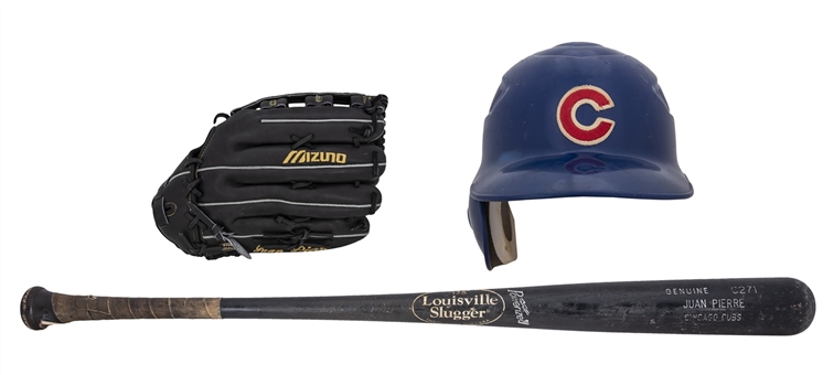 2006 Juan Pierre Game Used Chicago Cubs Helmet, Bat & Game Issued Fielding Glove (PSA/DNA & J.T. Sports)